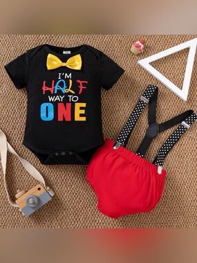 Baby outfit  'I'm Half Way to One' Black Bodysuit with Yellow Bow & Red Bloomers